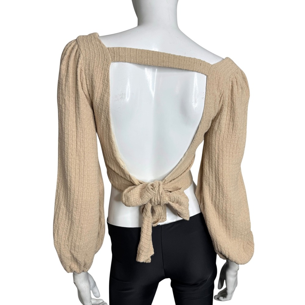 Beige Square Neck Open Back Tie Crop Top Balloon Sleeve Textured Size Small - Picture 5 of 6